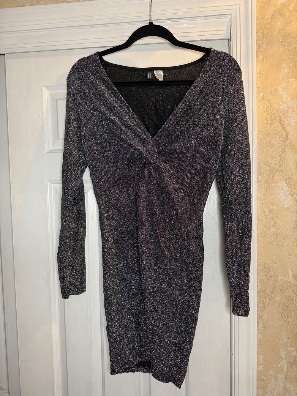 H&M Divided Metallic Twist-Front Long Sleeve Dress - Black with Silver Sparkle